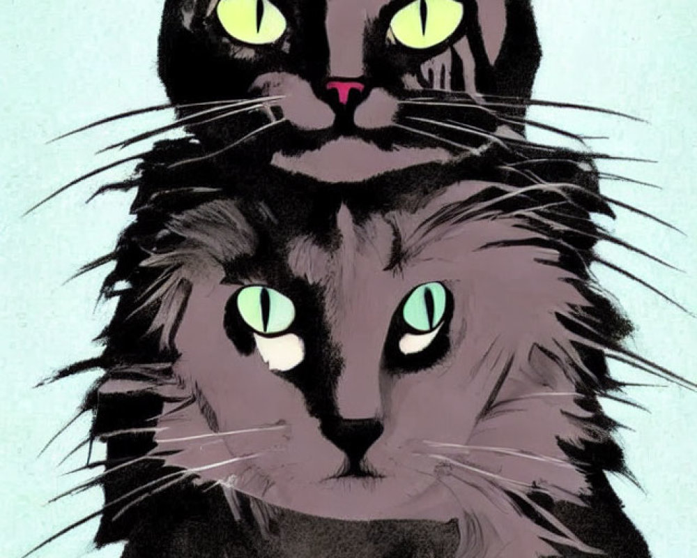 Unique Illustration: Black and Gray Cats Blended on Turquoise Background