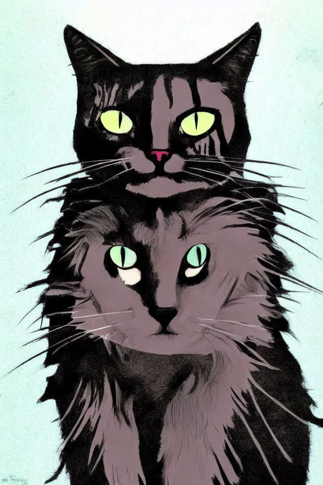 Unique Illustration: Black and Gray Cats Blended on Turquoise Background