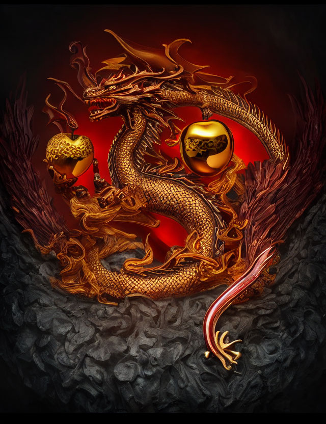 Golden dragon coiling around skulls in fiery background: Mystical and ominous illustration