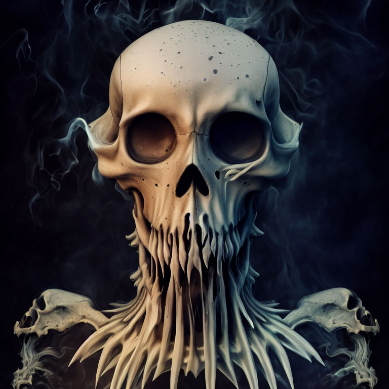 Surreal skull illustration with melting features on dark background