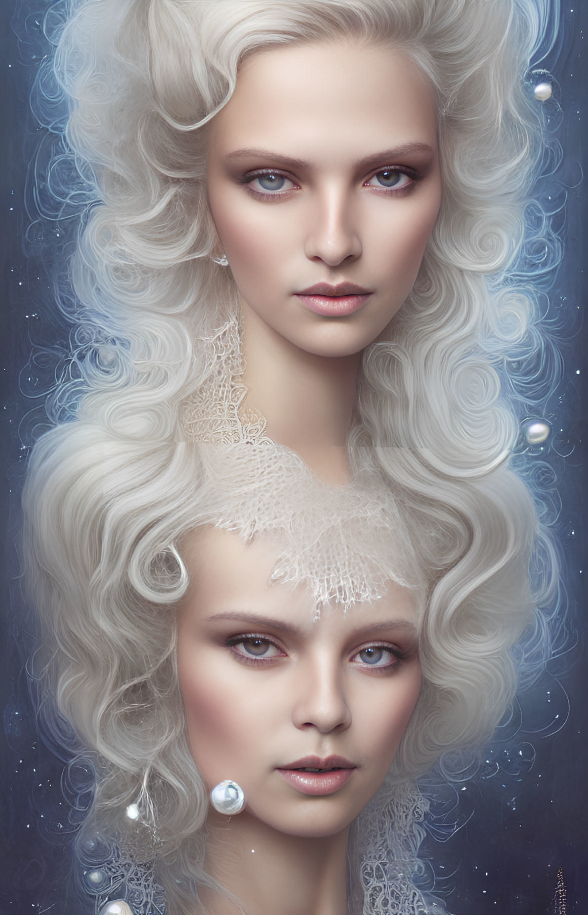 Two women with pale skin, blue eyes, and white hair on blue backdrop with pearls