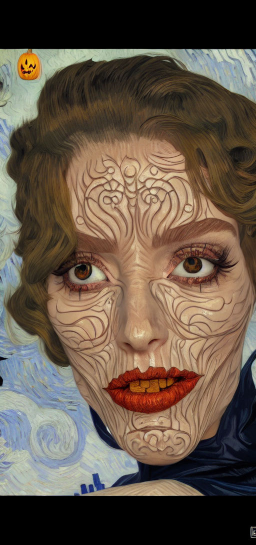 Woman with Halloween makeup resembling "Starry Night" by Van Gogh, swirl patterns, red lips