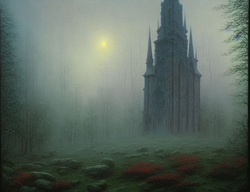 Gothic cathedral in foggy forest with red flowers