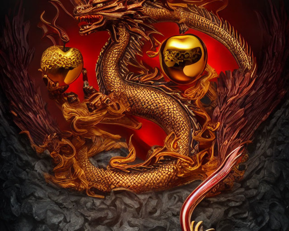 Golden dragon coiling around skulls in fiery background: Mystical and ominous illustration