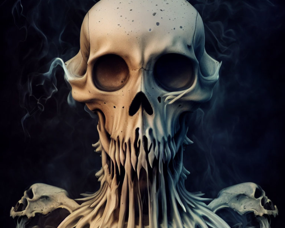 Surreal skull illustration with melting features on dark background