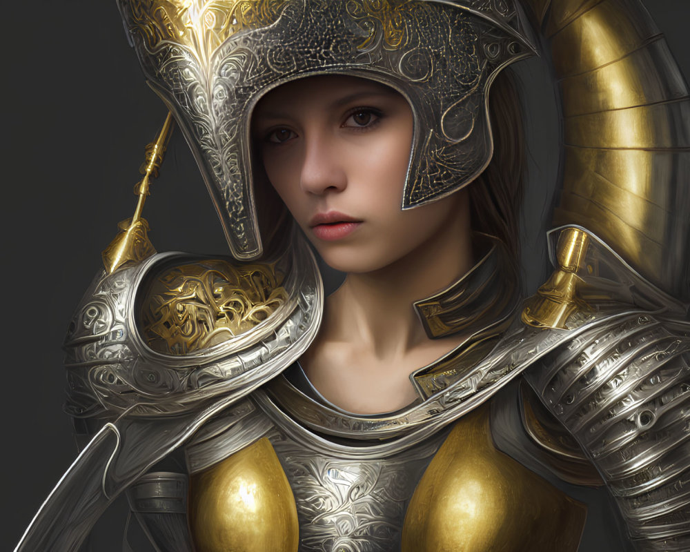 Medieval woman in ornate armor with gold filigree helmet.