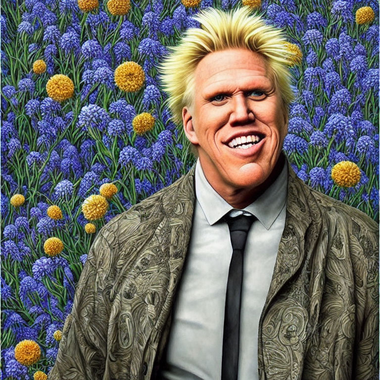 Blond man in patterned blazer with flowers background