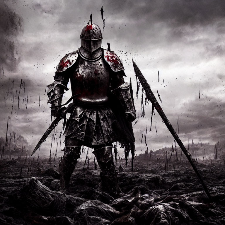 Bloodstained knight in full armor on battlefield with spear under cloudy sky