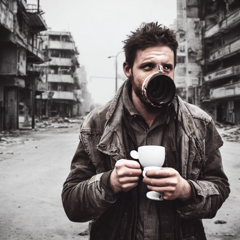 Man with disheveled hair and gas mask holding cup in desolate street