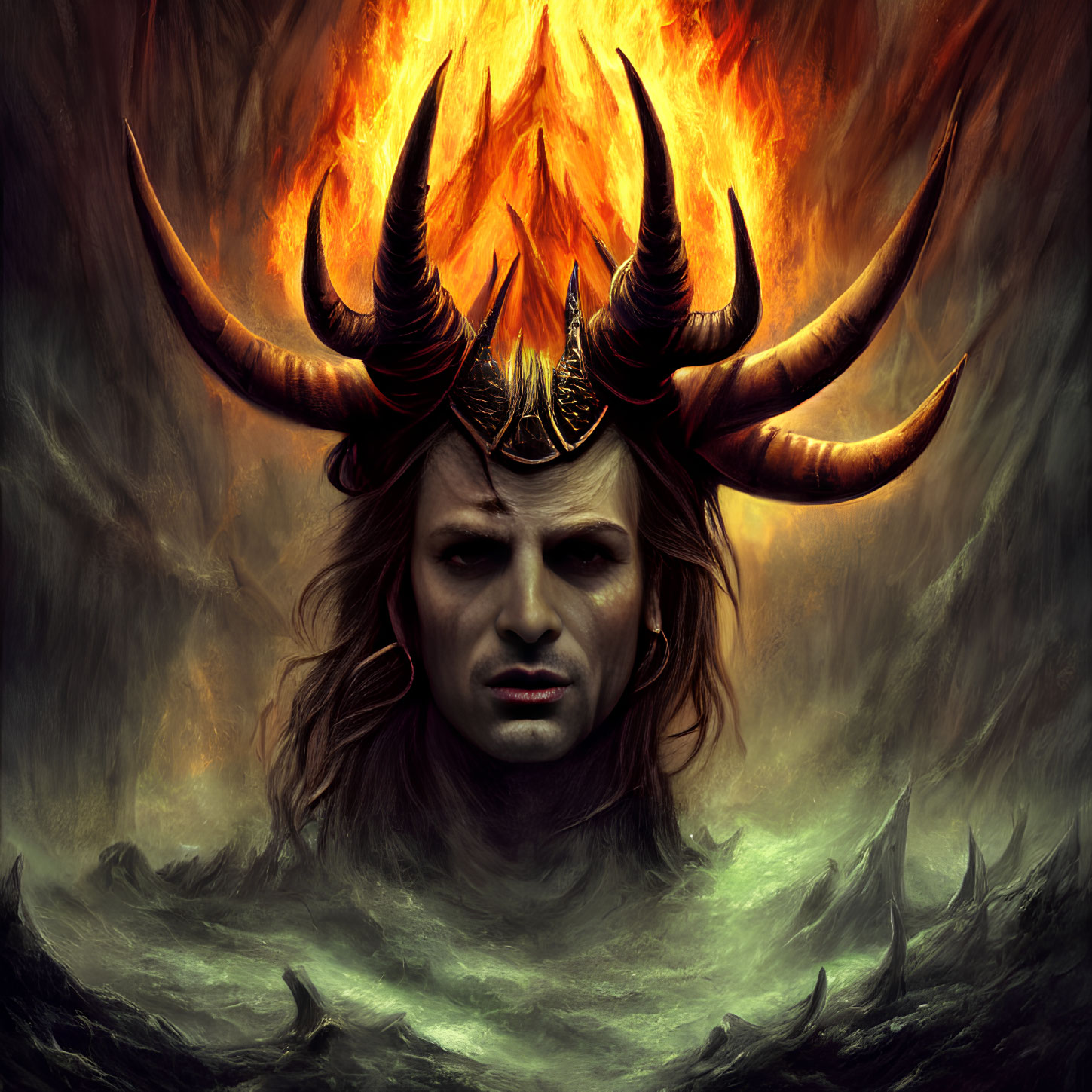 Fantasy illustration of horned male with crown in fiery landscape