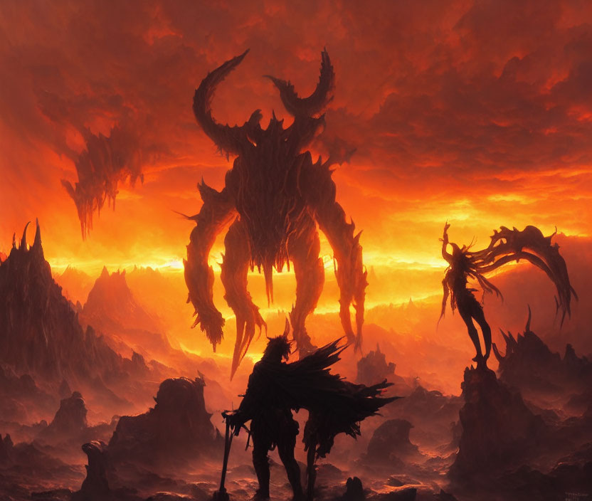 Sinister hellscape with horned demon, cloaked figure, and flying demons in fiery setting