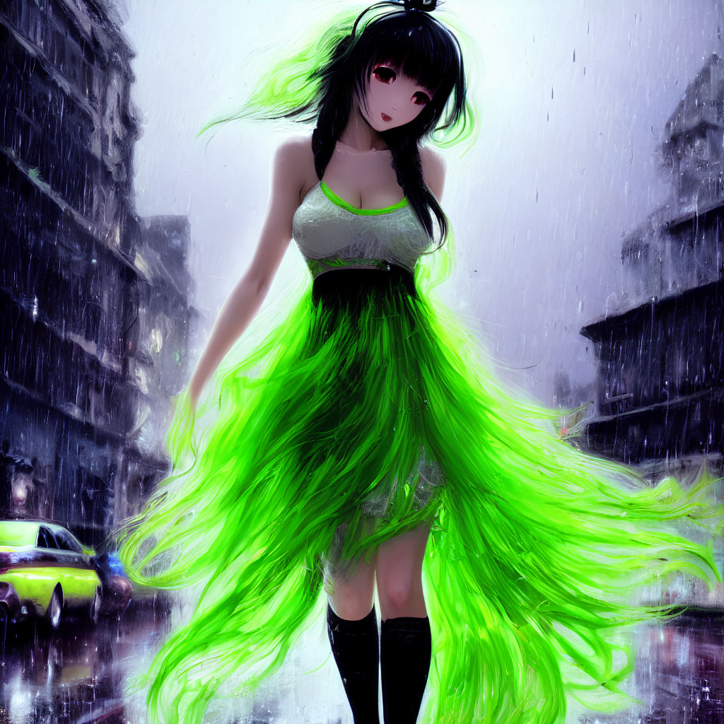 Illustration of girl with long green hair in rain on city street