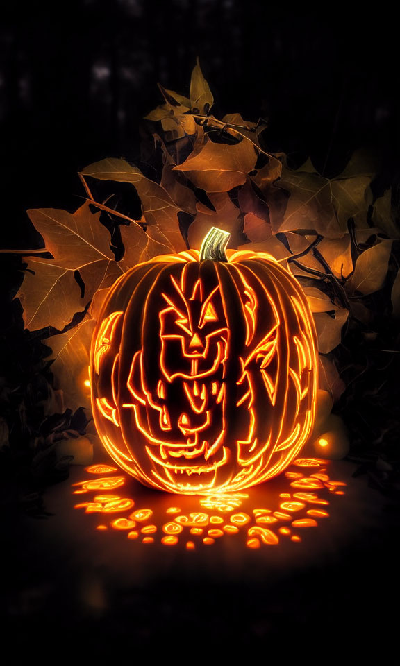 Intricately carved glowing jack-o'-lantern on dark background