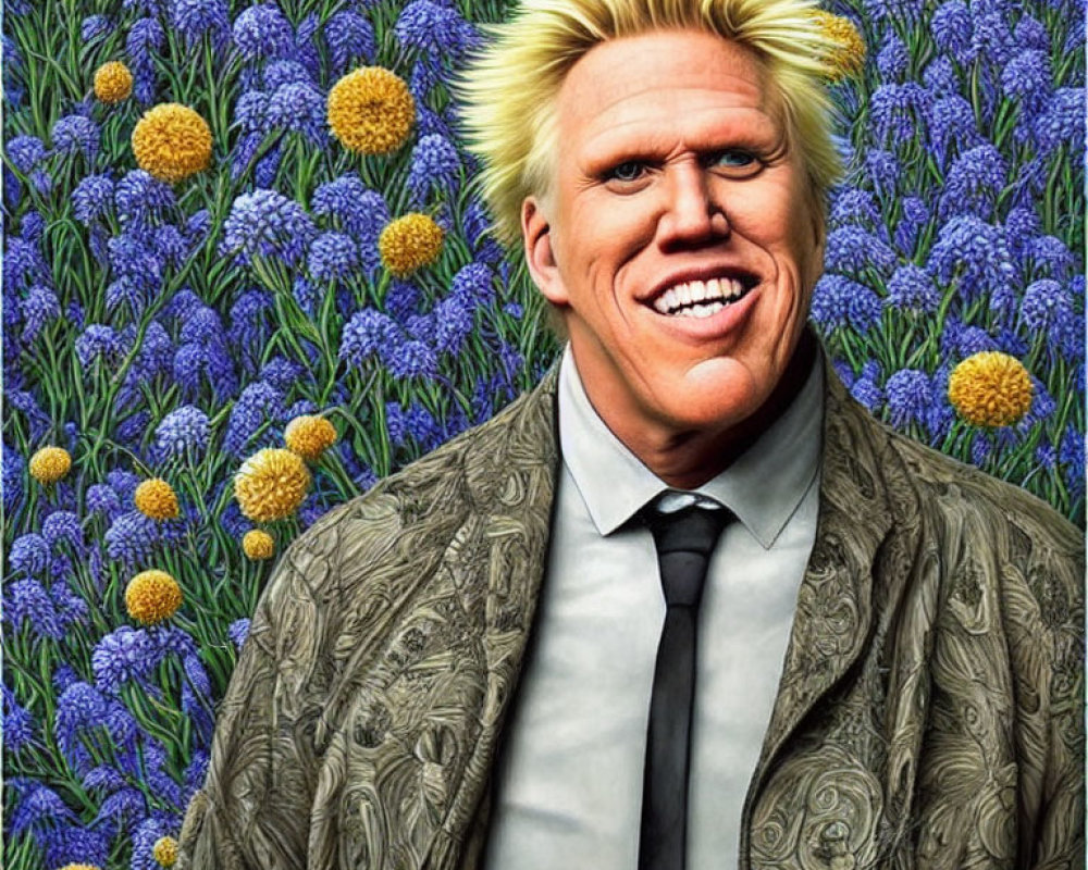 Blond man in patterned blazer with flowers background