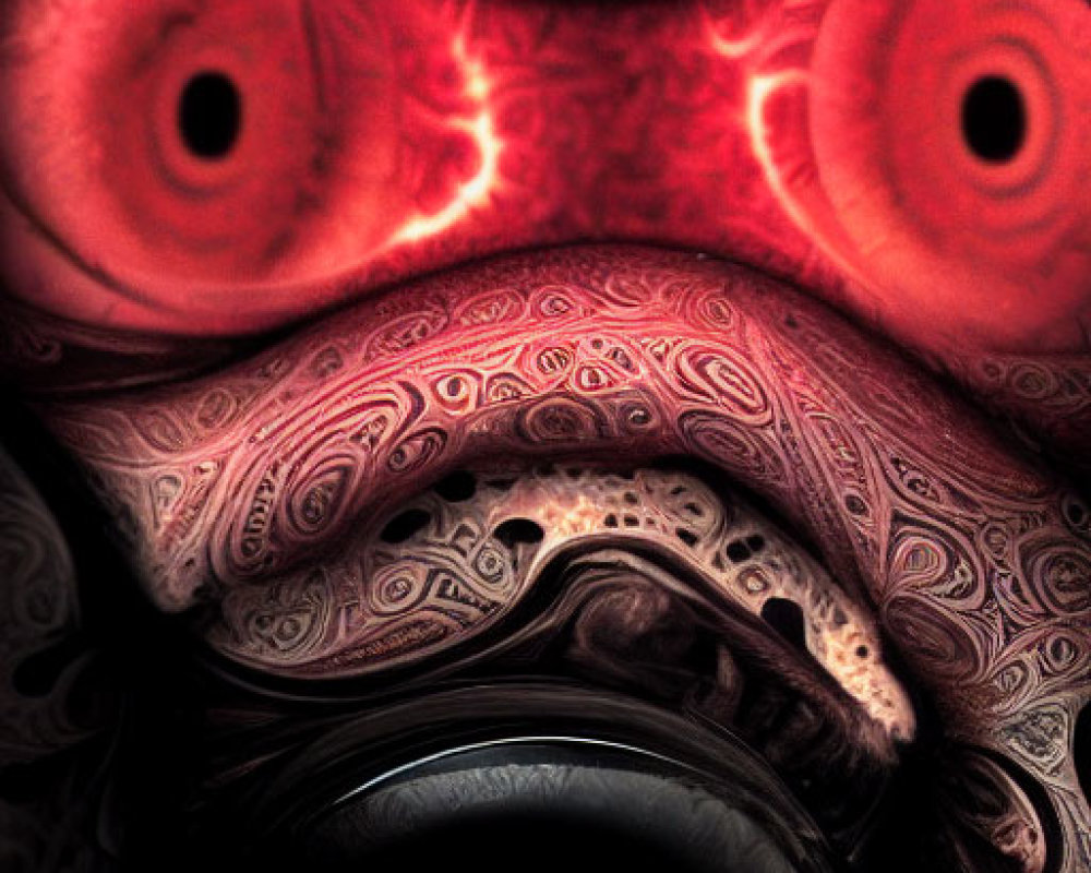 Surrealist image featuring intense red eyes and dark maw framed by ornate patterns