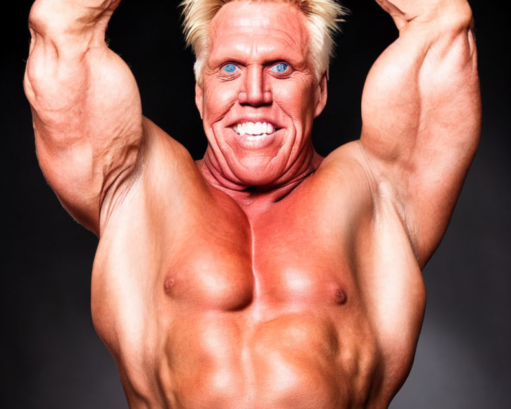 Blond muscular man flexing biceps on dark background