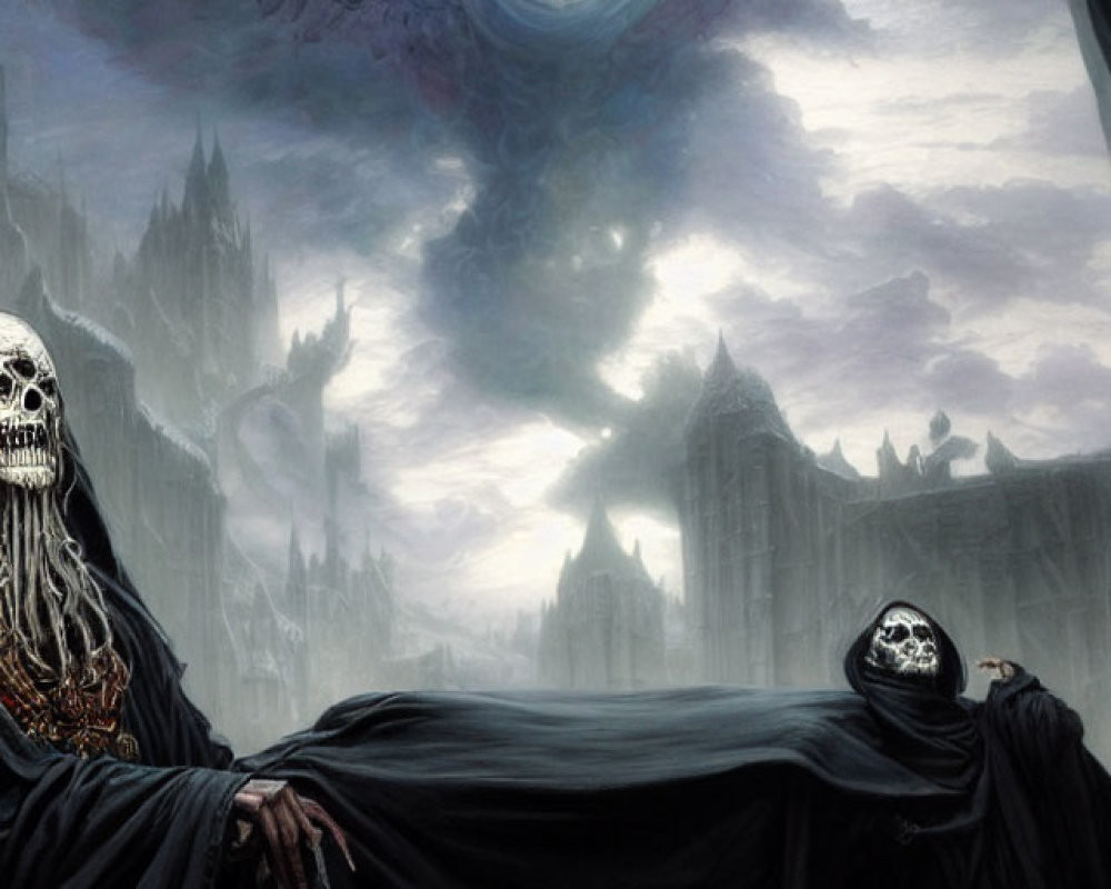 Dark fantasy artwork: Robed figure with skull face, swirling vortex, gothic castle in gloomy