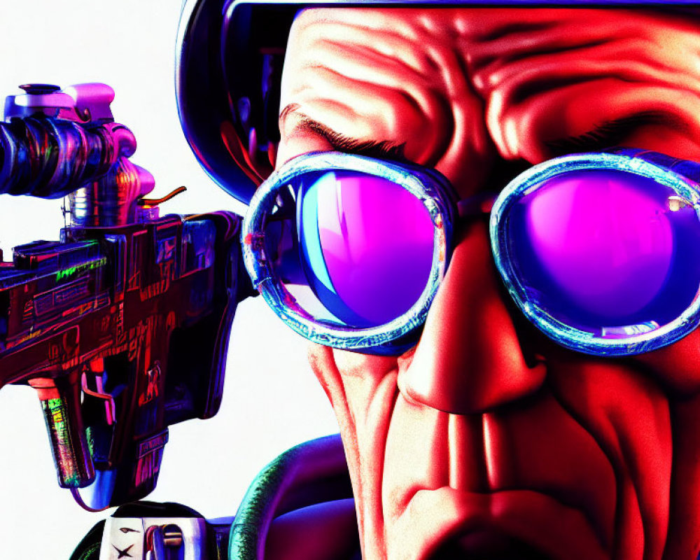 Colorful anthropomorphic figure with reflective sunglasses and integrated circuitry.