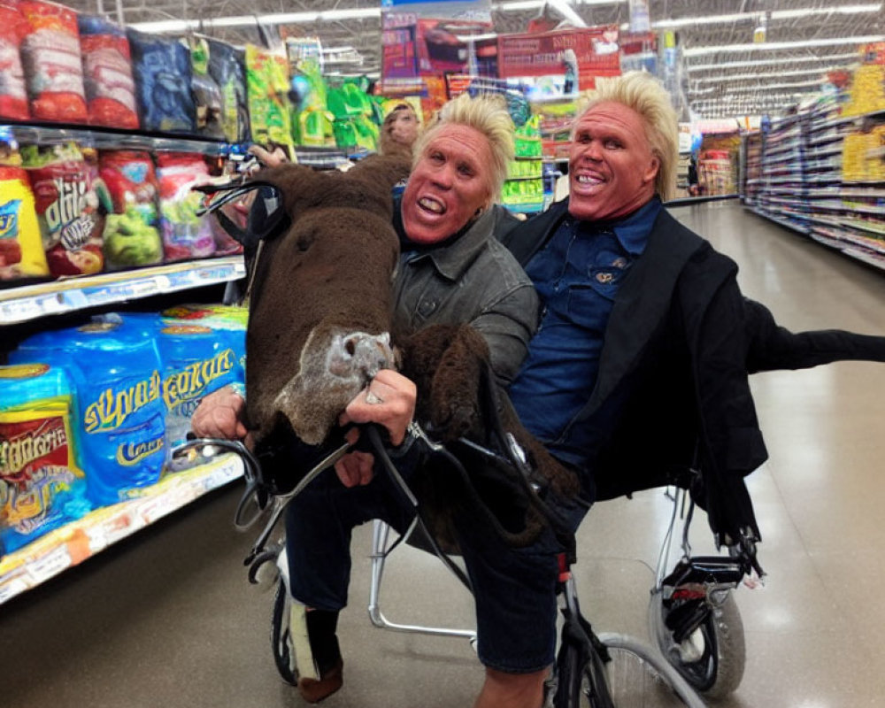 Similar-looking pair on animal-themed tandem bike in supermarket aisle