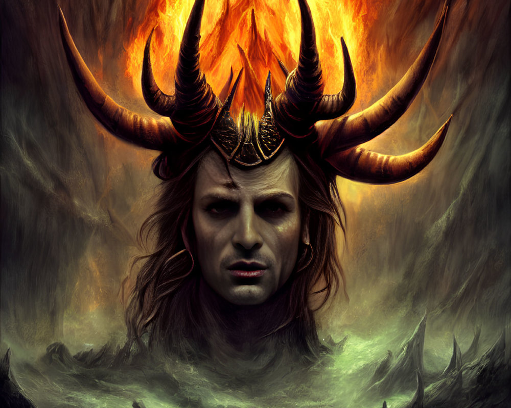 Fantasy illustration of horned male with crown in fiery landscape