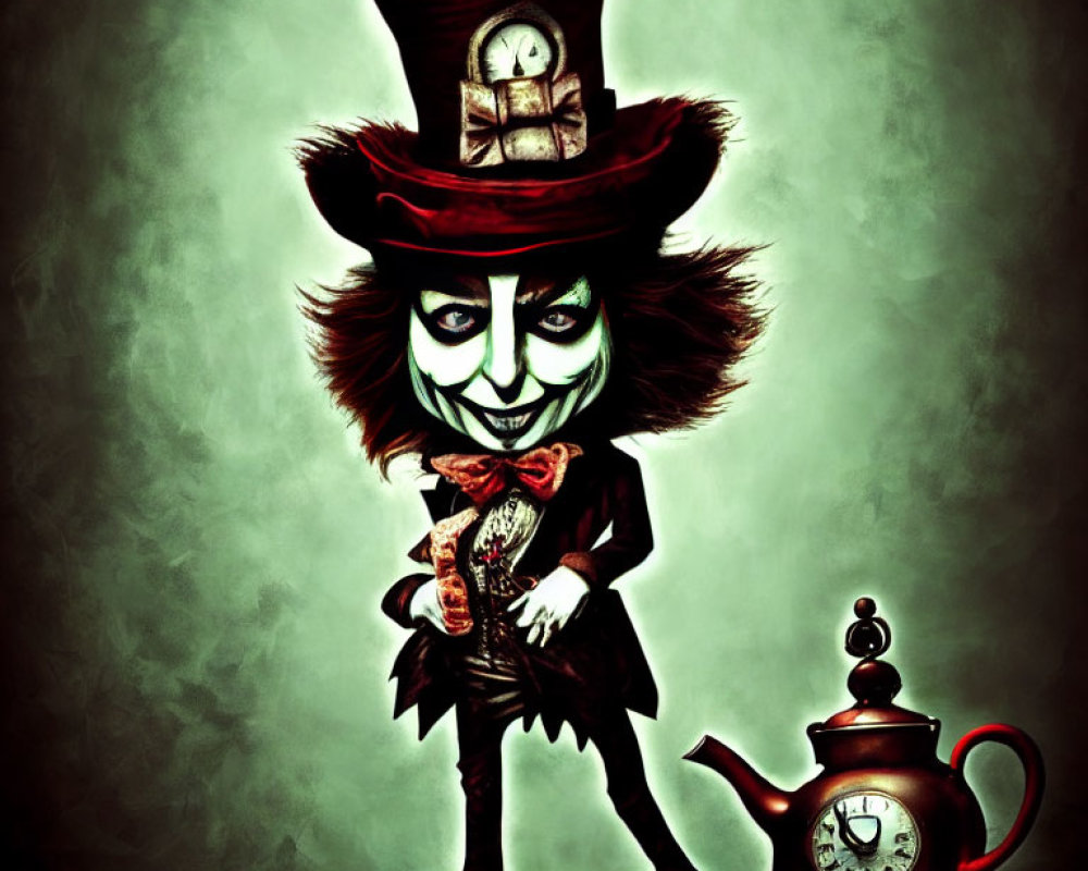 Whimsical Mad Hatter Illustration with Clock Hat and Teapot