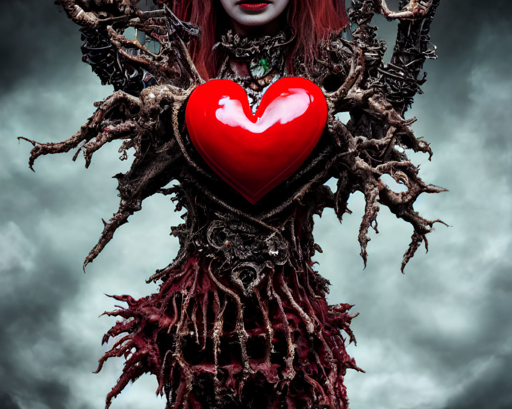 Gothic figure with red eyes and heart in eerie setting