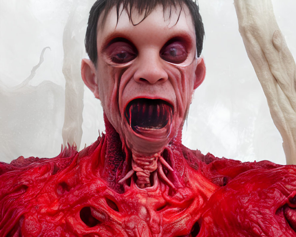 Grotesque creature with large eyes and sharp teeth on red body in misty background