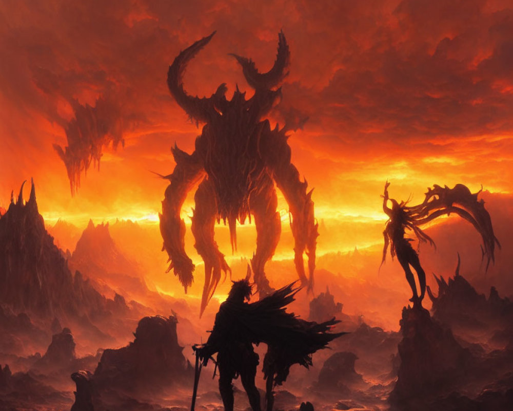 Sinister hellscape with horned demon, cloaked figure, and flying demons in fiery setting