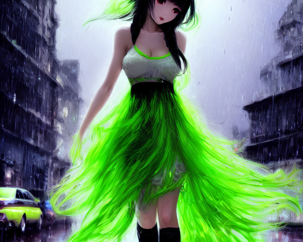 Illustration of girl with long green hair in rain on city street