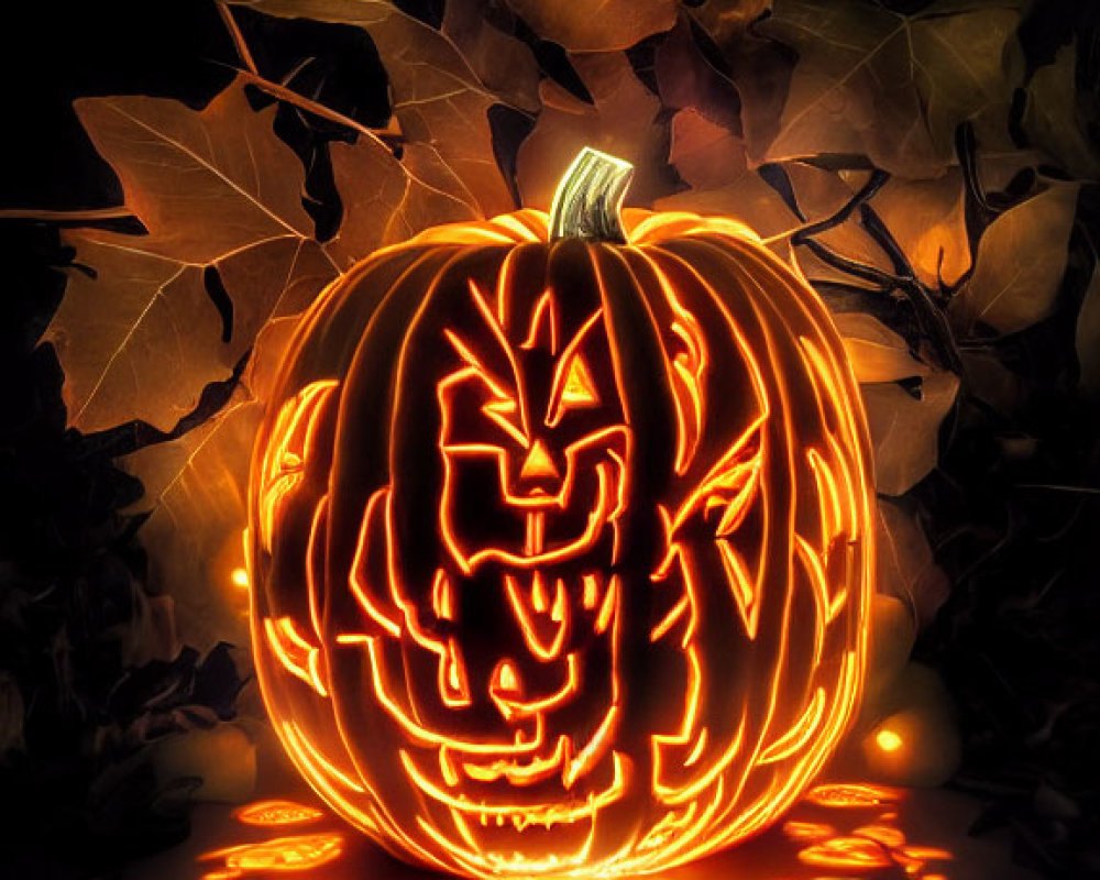 Intricately carved glowing jack-o'-lantern on dark background