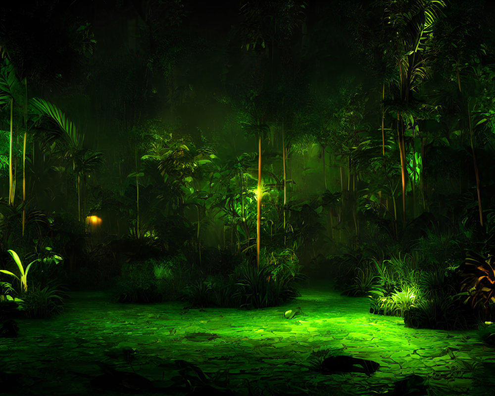 Dark forest at night with glowing green lights and thick foliage