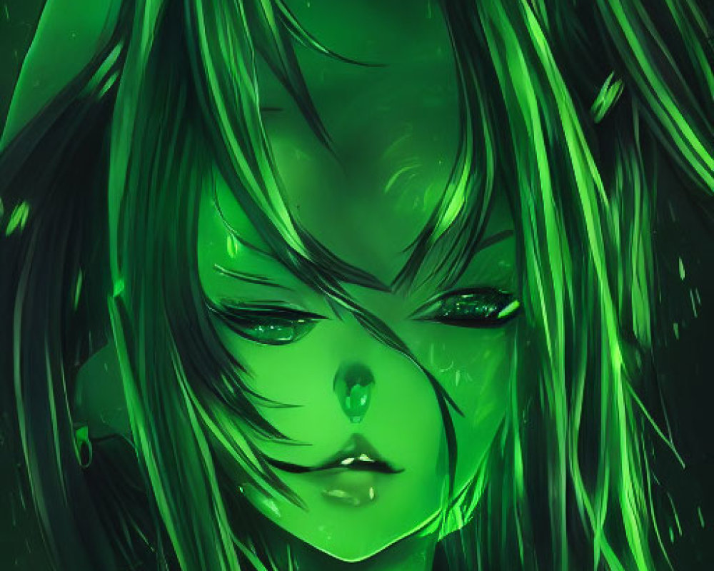 Illustration of serene girl with long green hair and closed eyes amid glowing speckles