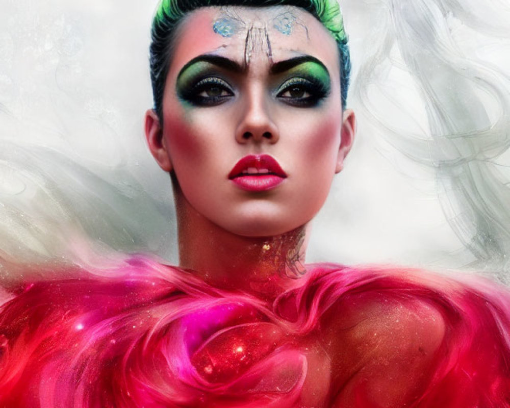 Vibrant green hair, dramatic makeup, flowing red garment in abstract smoky background