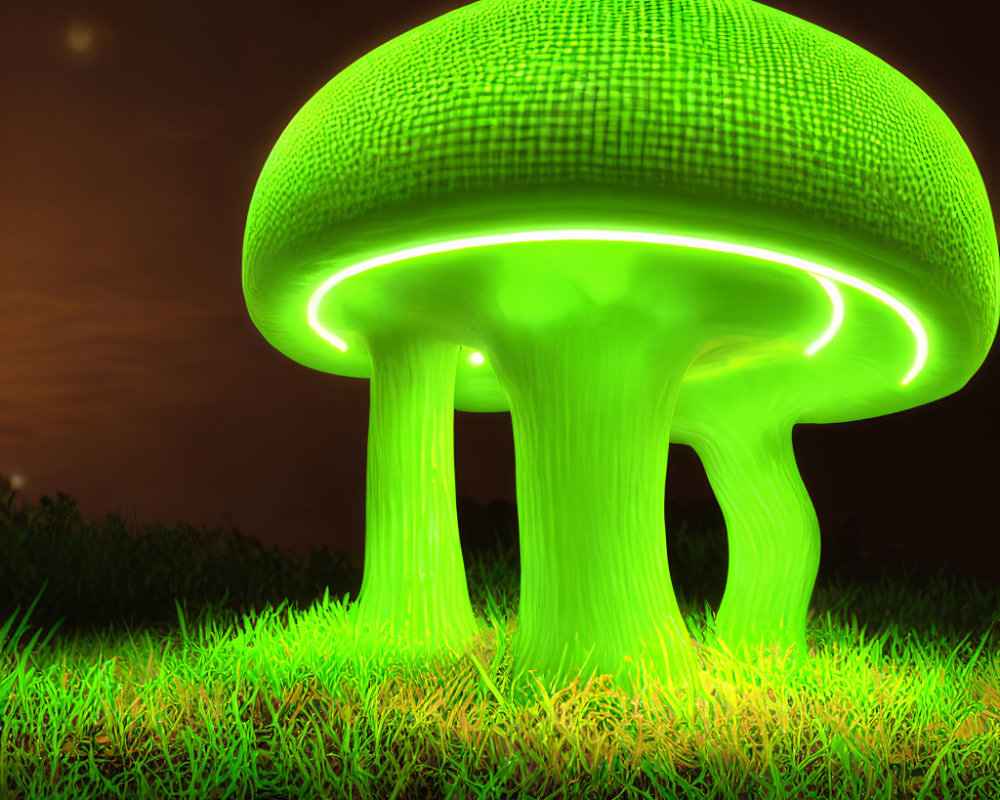 Glowing green mushroom lighting up night grass