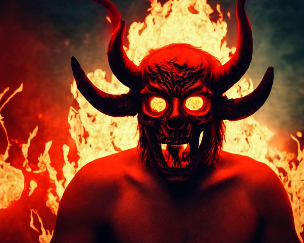 Sinister demon-like figure with glowing eyes and large horns in fiery setting