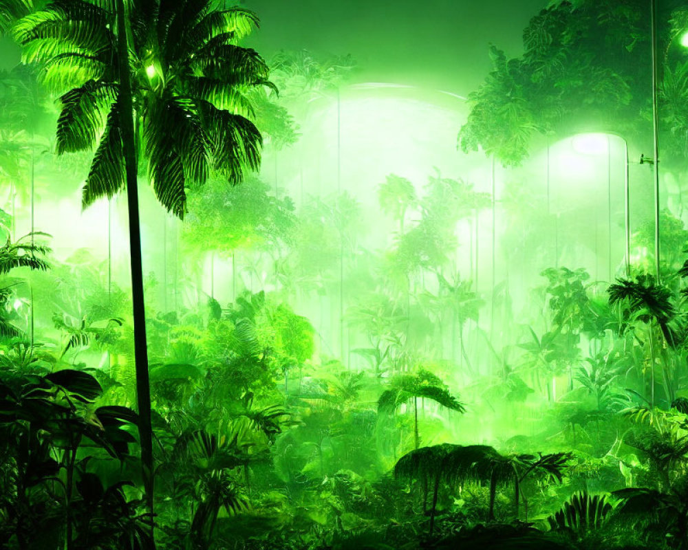 Lush green jungle with mist and palm trees under a nighttime sky