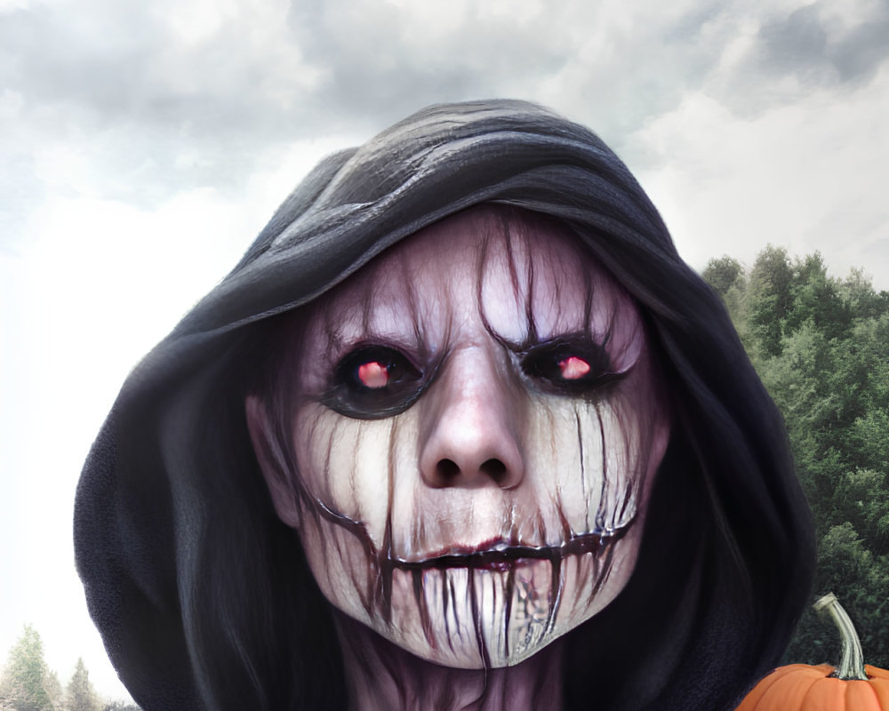 Hooded figure with skull face paint and red eyes