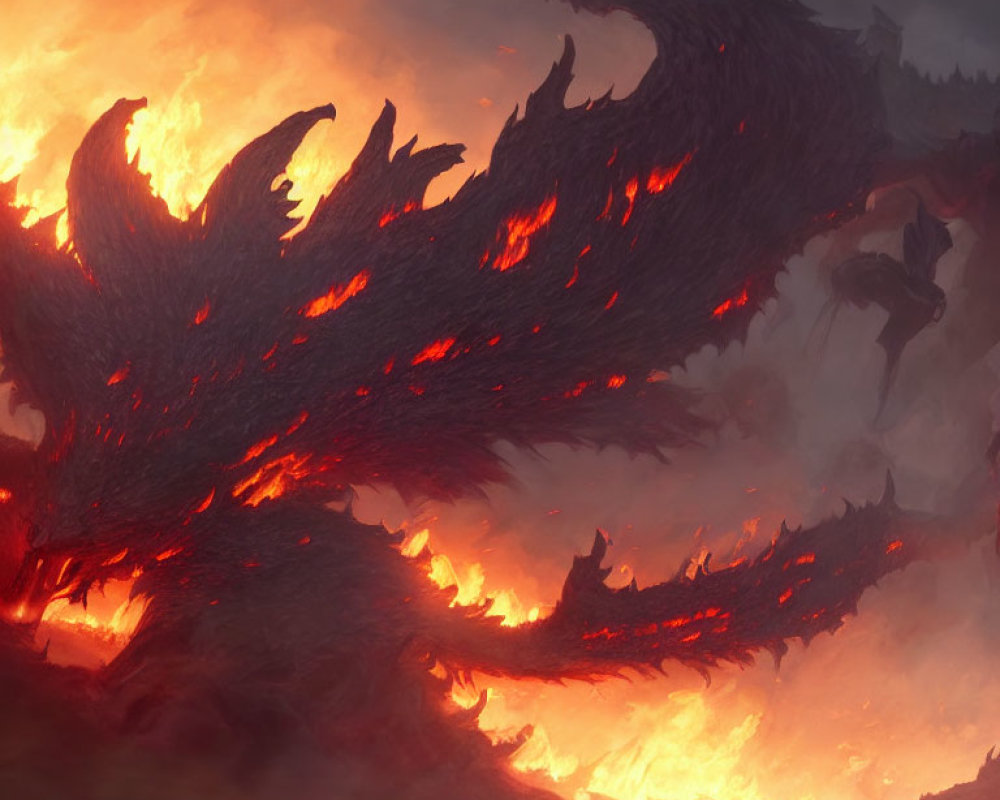 Fiery phoenix-like creature with spread wings in dramatic setting