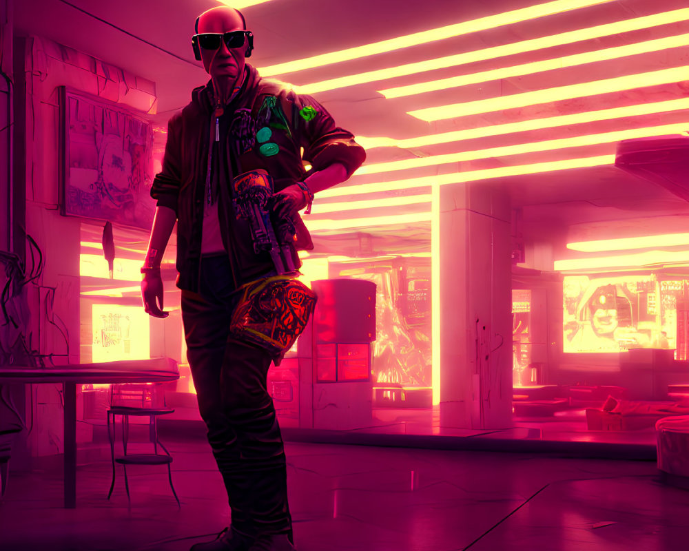 Stylized cyberpunk character with sunglasses and patch-adorned jacket in neon-lit room