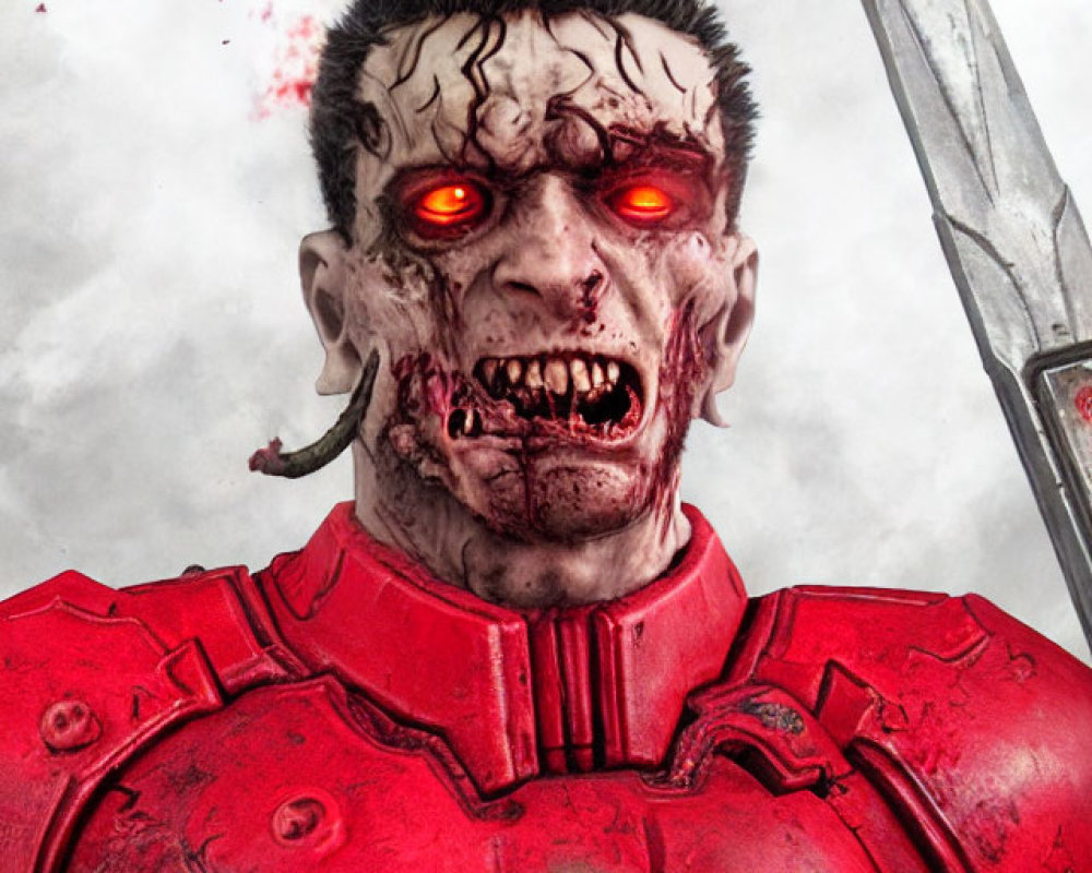 Menacing figure with red glowing eyes and fangs in red armored suit holding a bloody blade