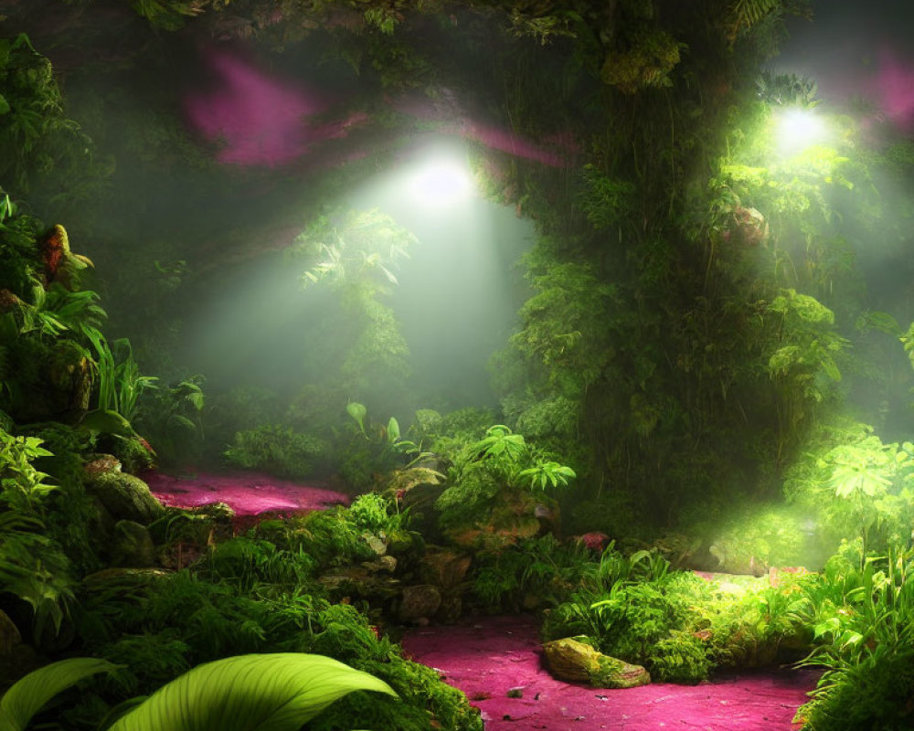 Mystical Green Forest with Light Beams and Pink Flora