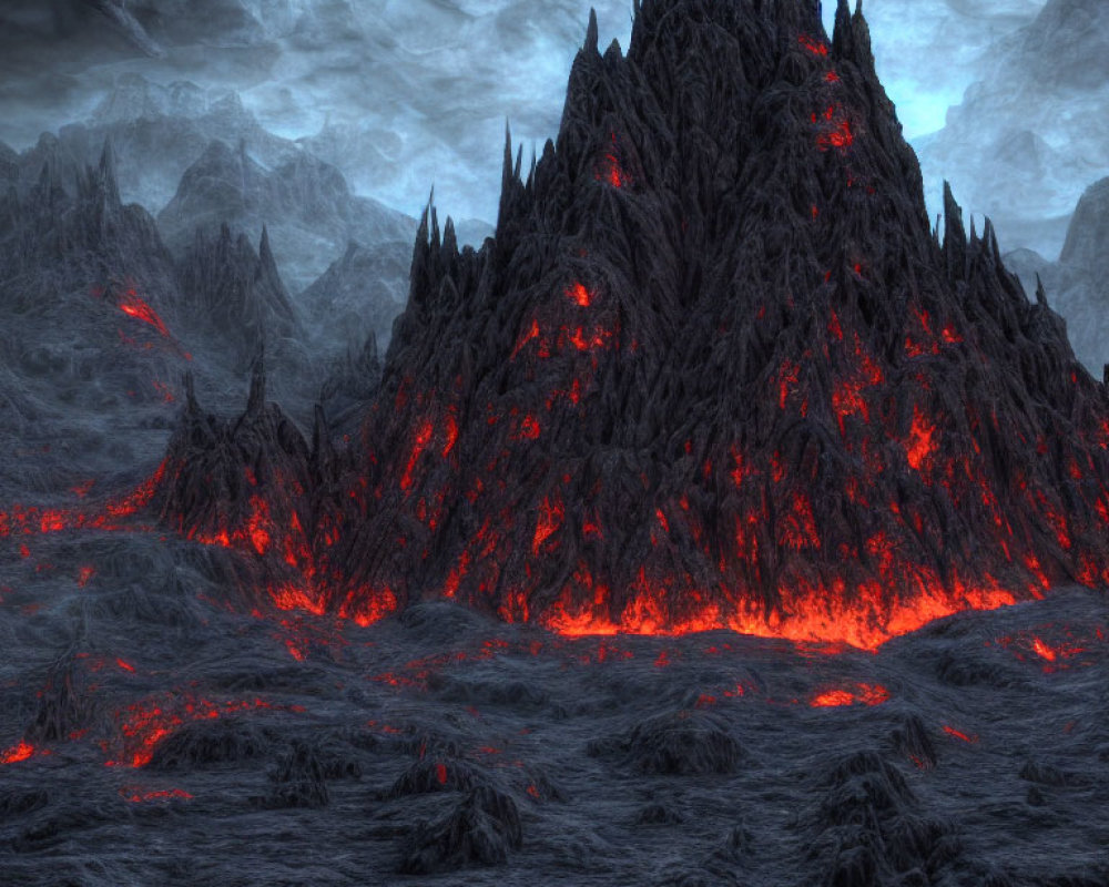 Volcanic landscape with sharp peaks and glowing lava under stormy sky