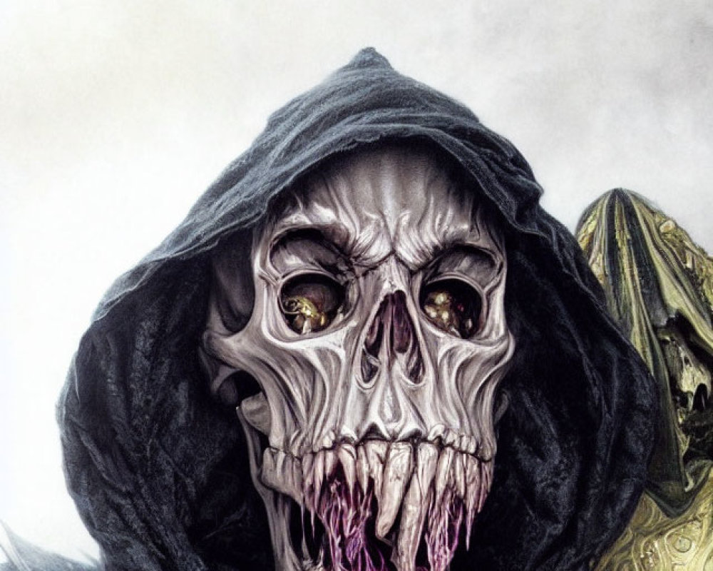 Hooded skeletal figure with yellow eyes and purple tongue in foggy setting