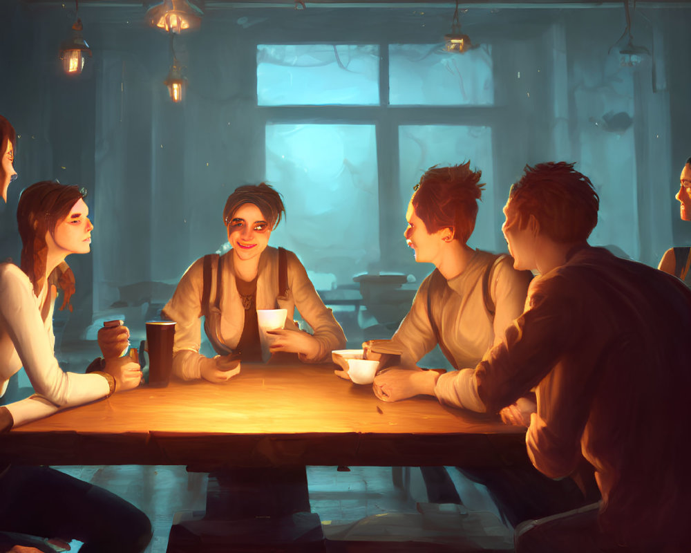 Friends chatting at cozy cafe table with warm lighting and coffee cups