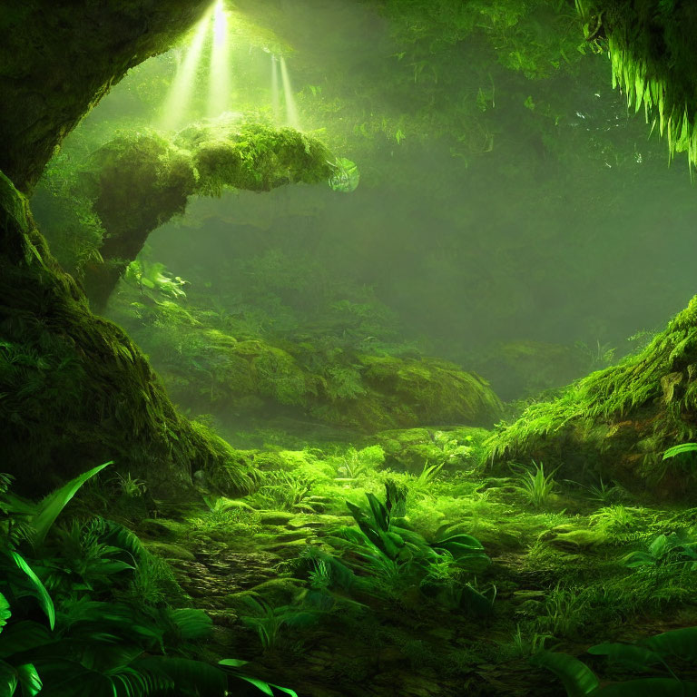 Sunlit Green Forest with Moss-Covered Ground & Verdant Foliage