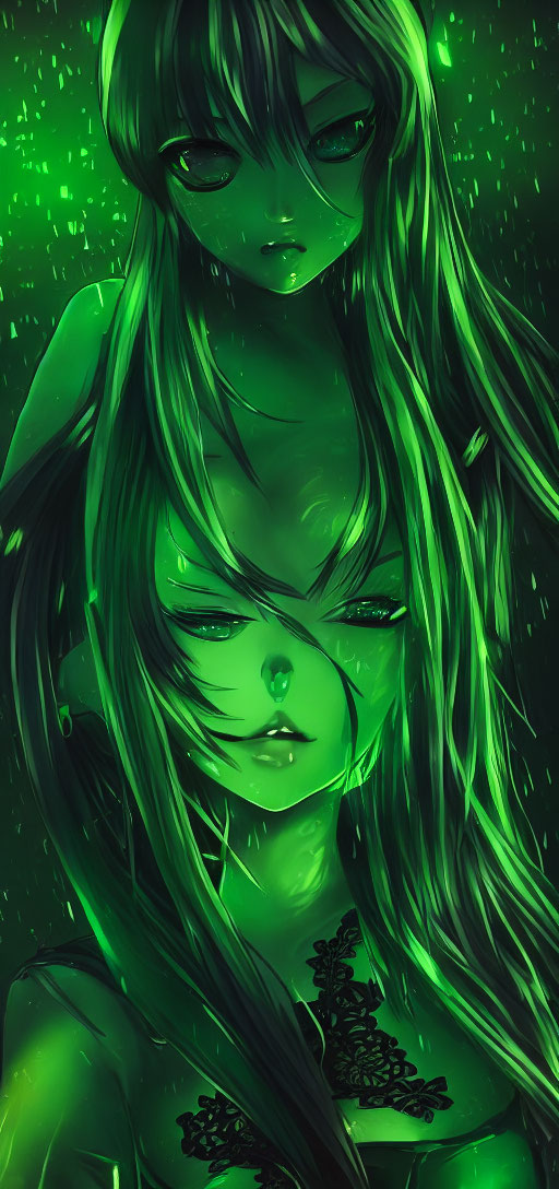 Illustration of serene girl with long green hair and closed eyes amid glowing speckles