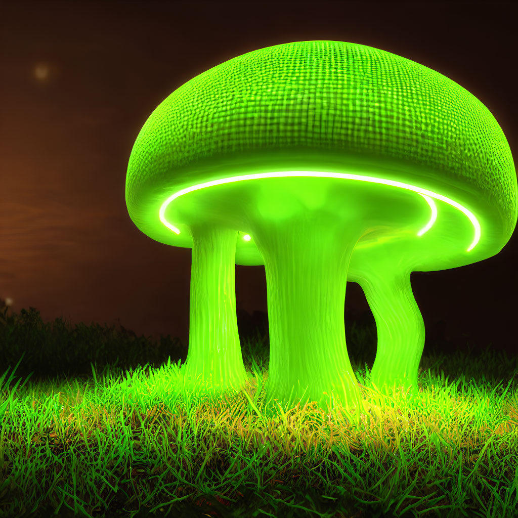 Glowing green mushroom lighting up night grass