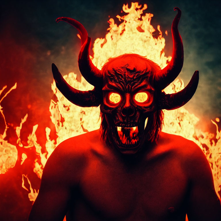 Sinister demon-like figure with glowing eyes and large horns in fiery setting