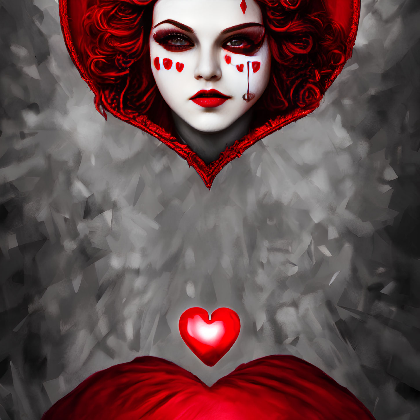 Person with Heart-Shaped Face Paint and Red Hood Portrait