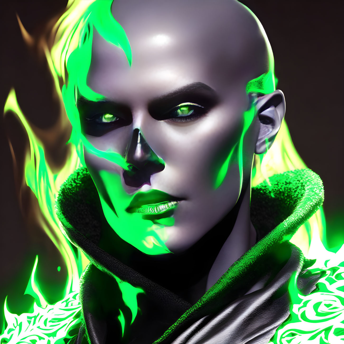 Digital artwork: Bald person with green eyes & neon flames, futuristic vibe